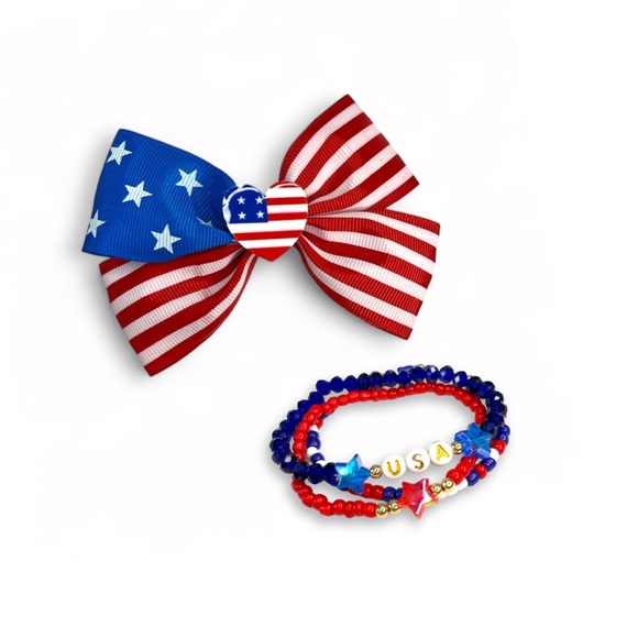 Americana 🇺🇸 Hair Bows and USA Bracelet Set - Picture 2 of 8